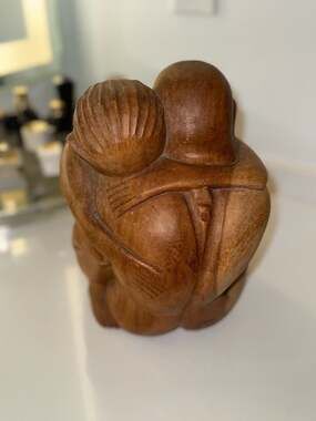 Vintage Hand-Carved Suar Wood Sculpture of Embracing Figures